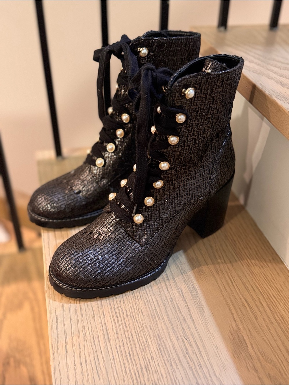 Stuart Weitzman Ivy Tweed Women's Black Lace-Up Pearl Button Block Heel Boots